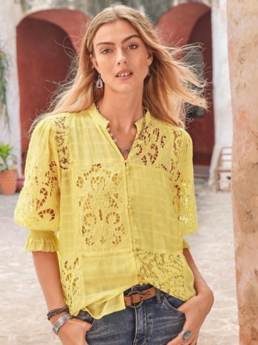 SUNDANCE GARBO SUNSHINE YELLOW FLORAL LACE LATTICE COTTON BLEND BUTTON BLOUSE